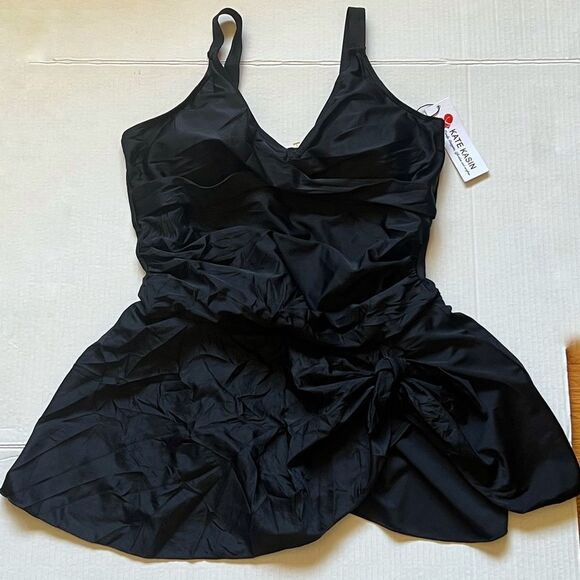 NWT Kate Kasin Women V-Neck Swim Dress with Attached bottoms Black Sz L - Picture 2 of 4